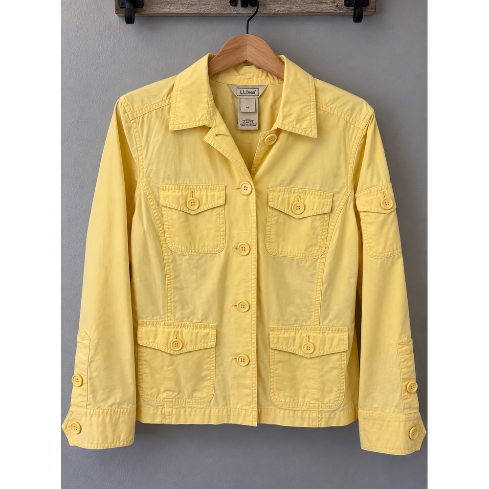 L.L.Bean Womens M Butter Yellow Cotton Utility Safari Field Jacket 4 Pocket